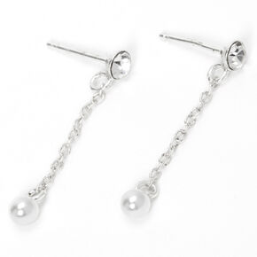 Sterling Silver 1&quot; Crystal Pearl Chain Drop Earrings,