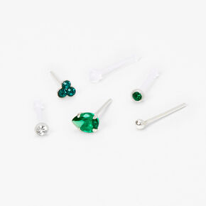 Sterling Silver Green Crystal Nose Studs - 6 Pack,