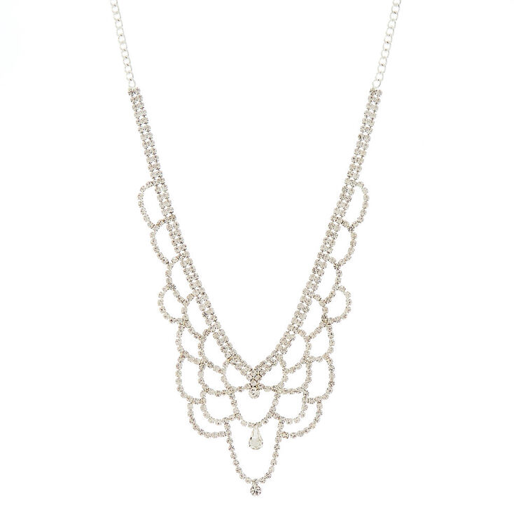 Silver Glass Rhinestone Scallop Statement Necklace,