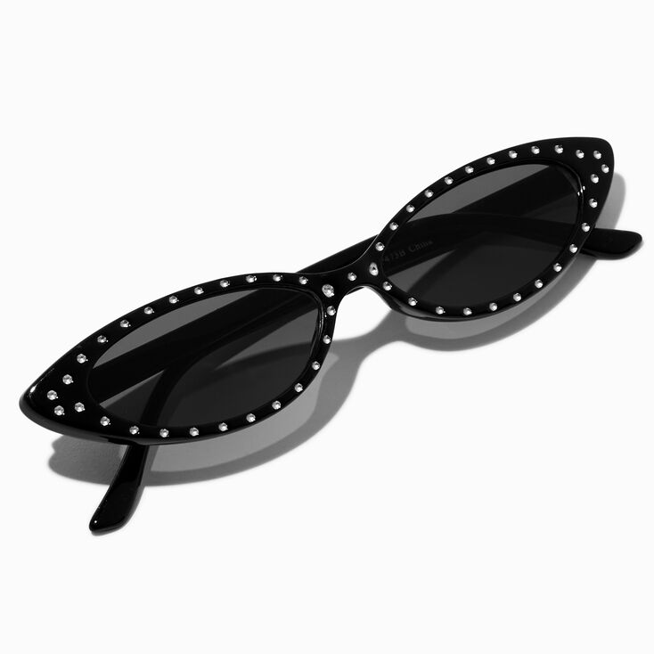 Black Rhinestone Slim Cat Eye Sunglasses,