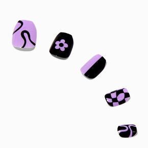Black &amp; Purple Checkered Coffin Press On Vegan Faux Nail Set - 24 Pack,