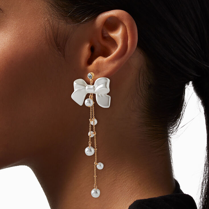 White Bow Gold-tone Pearl 4&quot; Drop Earrings ,