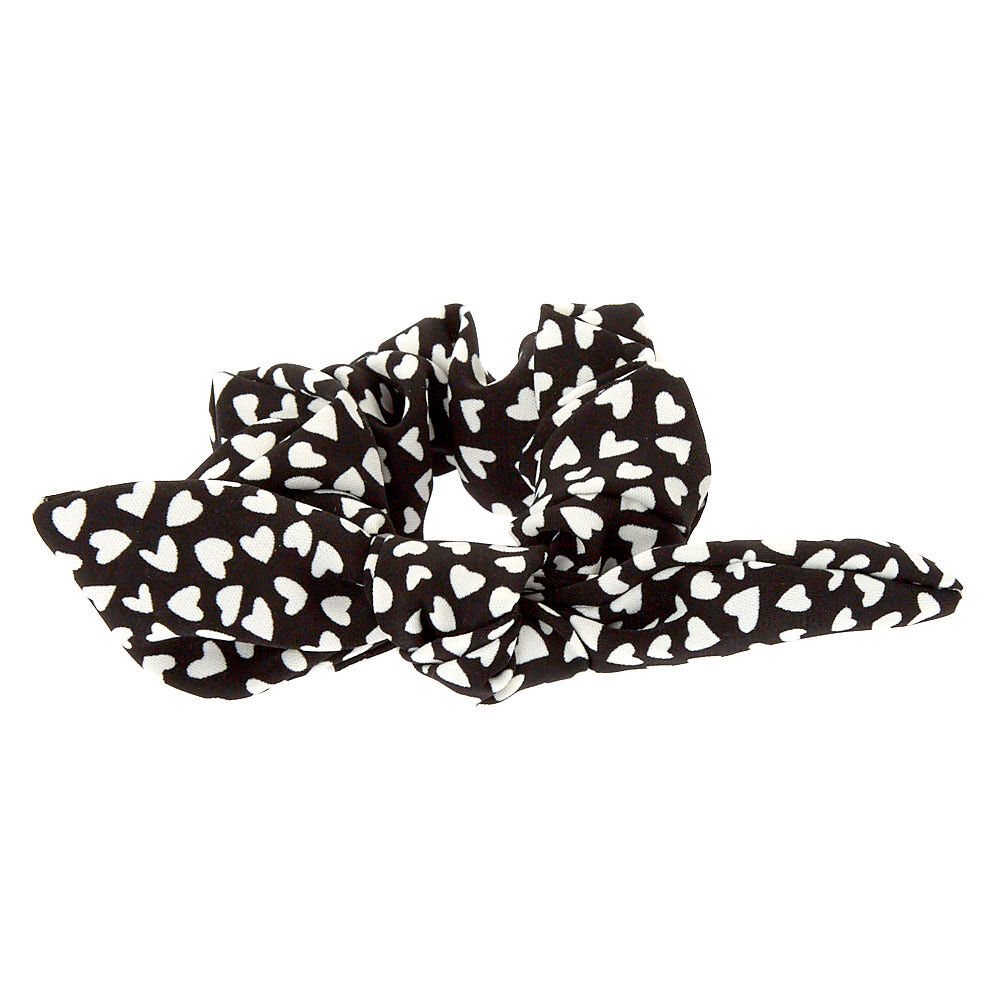 Black & White Heart Polka Dot Knotted Bow Hair Scrunchie,