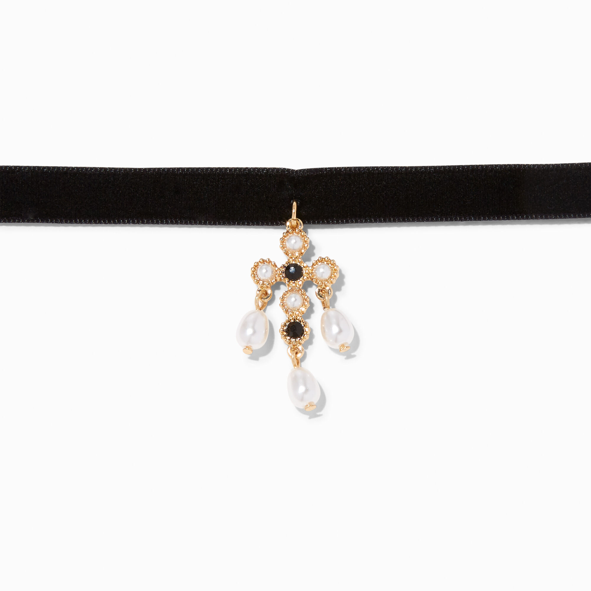 Gold Pearl Pendant Black Velvet Choker Necklace,
