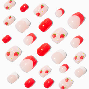 Strawberry French Tip Coffin Press On Faux Nail Set - 24 Pack,