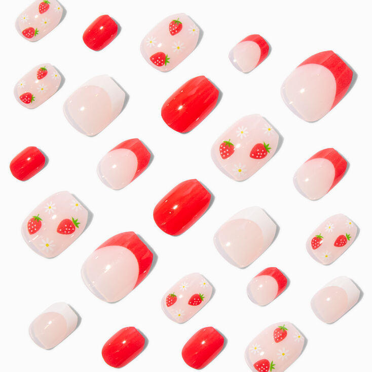 Strawberry French Tip Coffin Press On Faux Nail Set - 24 Pack,