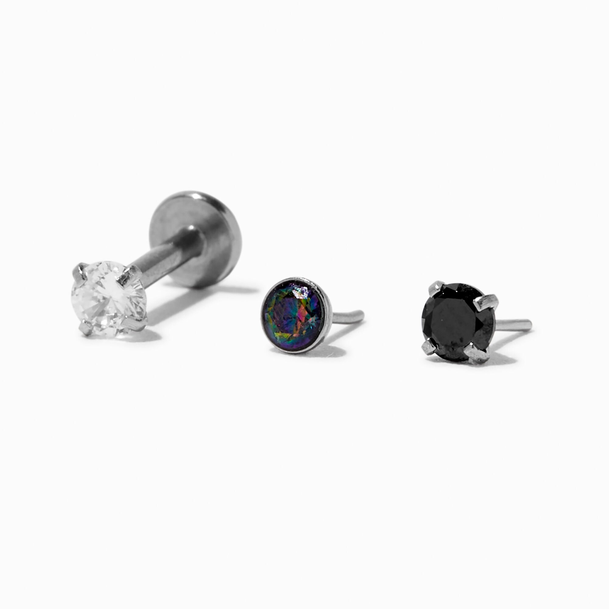 View Claires Stainless Steel Changeable Stud 16G Threadless Cartilage Earrings 3 Pack Black information