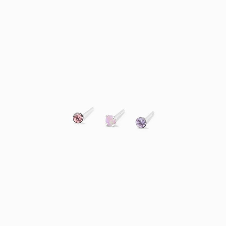 Sterling Silver 22G Pink &amp; Purple Crystal Nose Studs - 3 Pack,