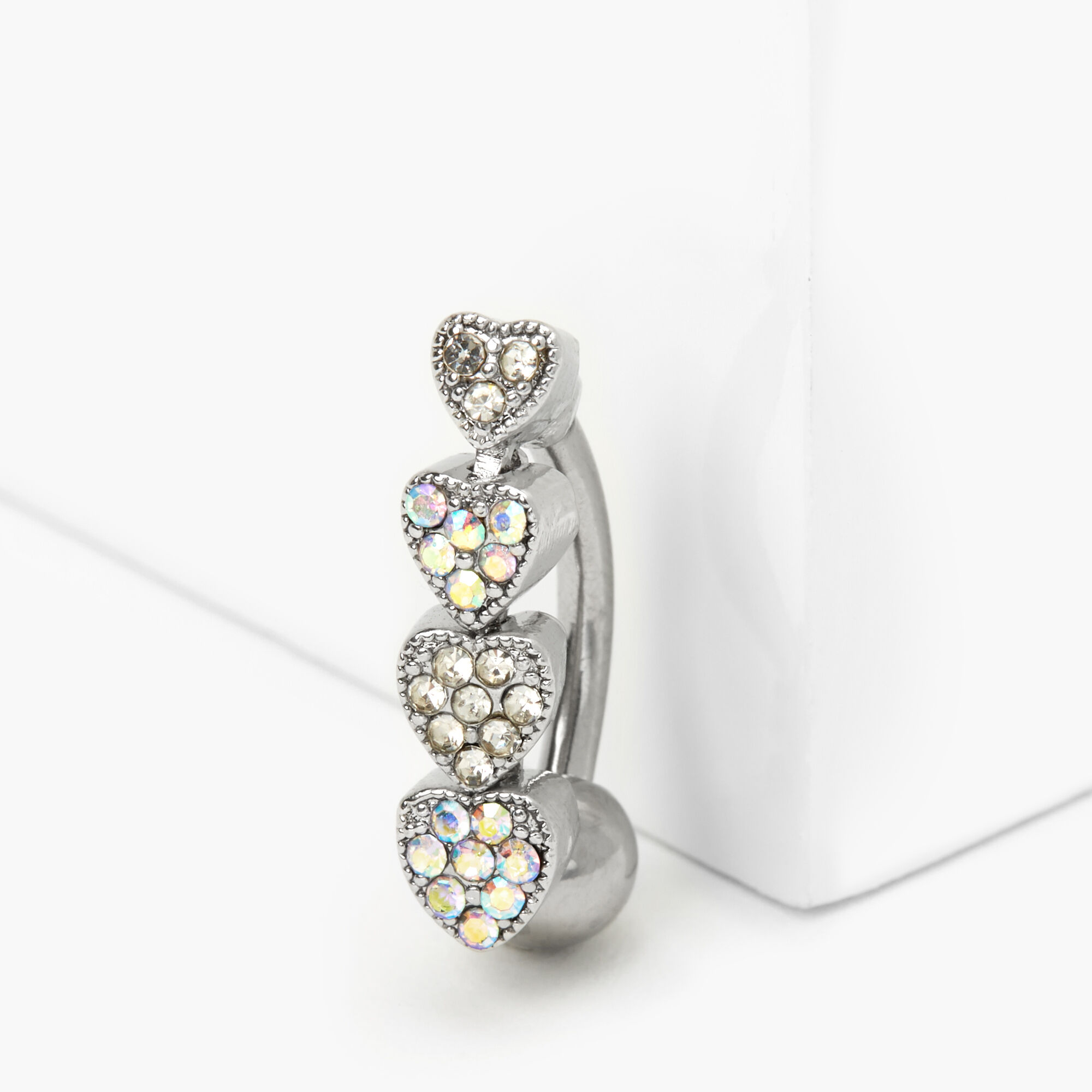Silver 14G Aurora Borealis Crystal Heart Belly Ring,