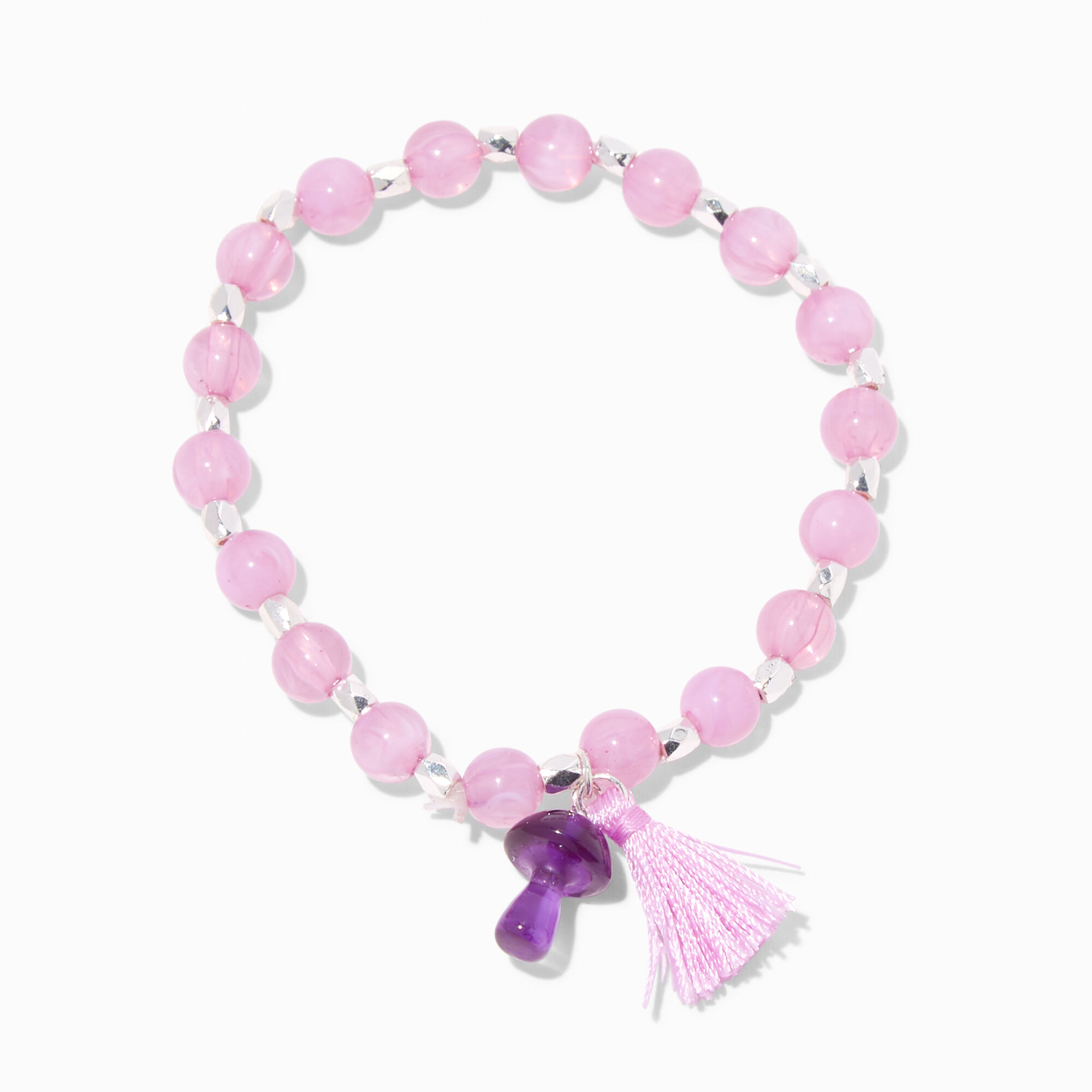 Purple Mushroom & Tassel Beaded Stretch Bracelet,
