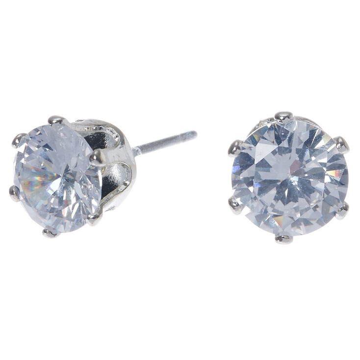 Silver-tone Cubic Zirconia Round Stud Earrings - 7MM,