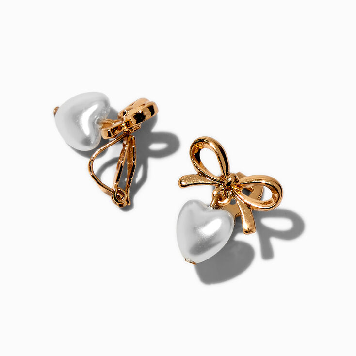 Pearl Heart &amp; Bow Clip-On Drop Earrings ,