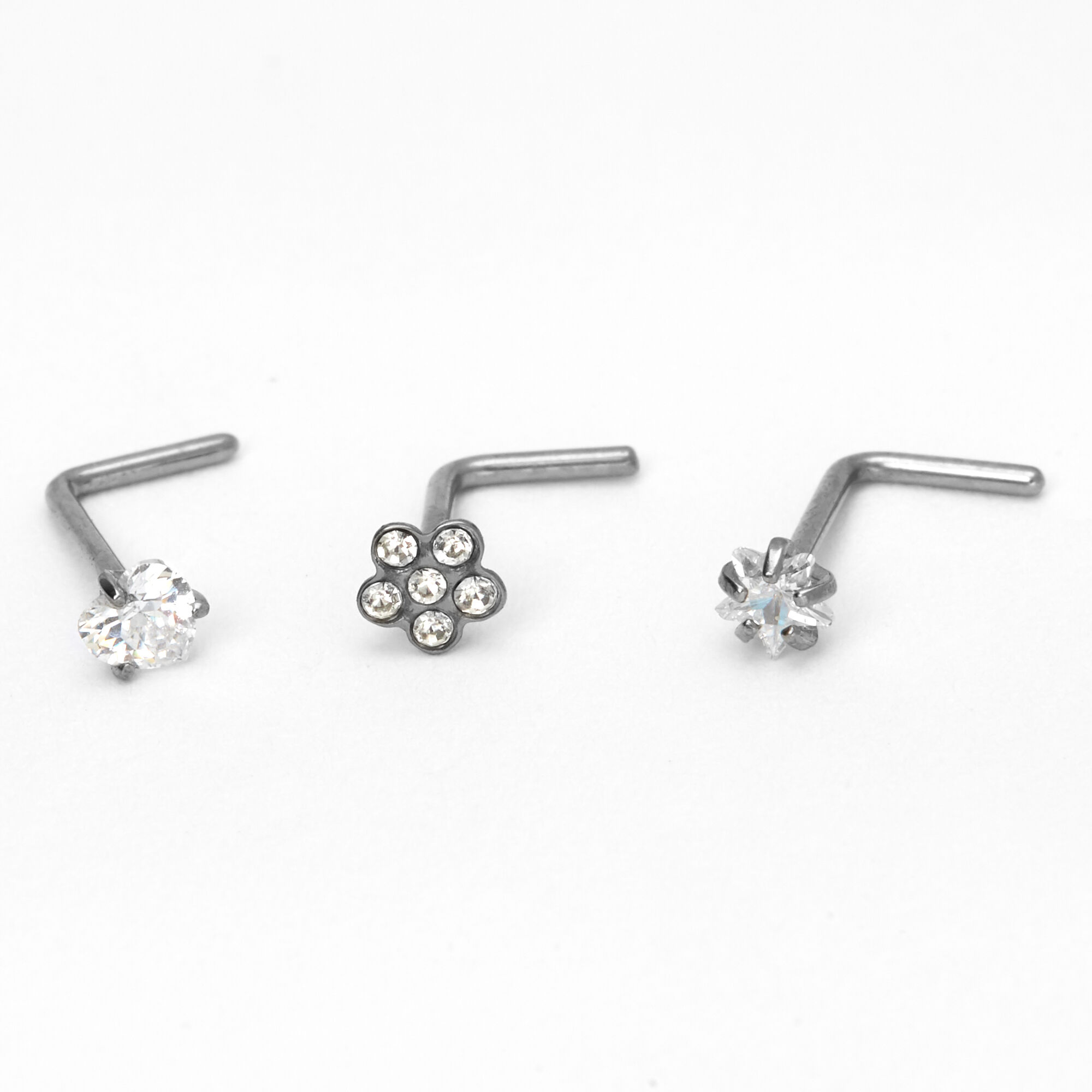 View Claires Titanium 20G Flower Heart Star Nose Studs 3 Pack Silver information