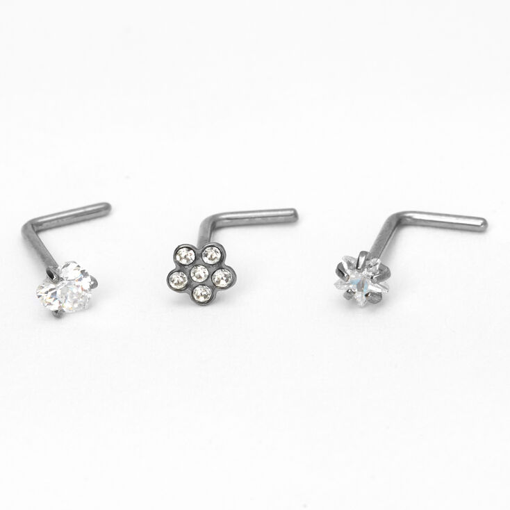 Silver Titanium 20G Flower, Heart &amp; Star Nose Studs - 3 Pack,