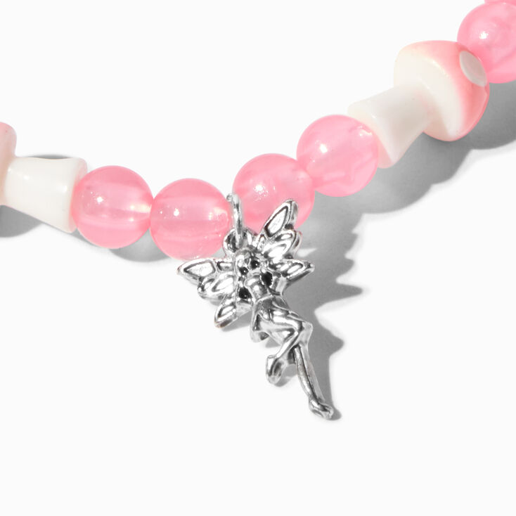 Silver Fairy Pink Mushroom Beaded Stretch Bracelet,