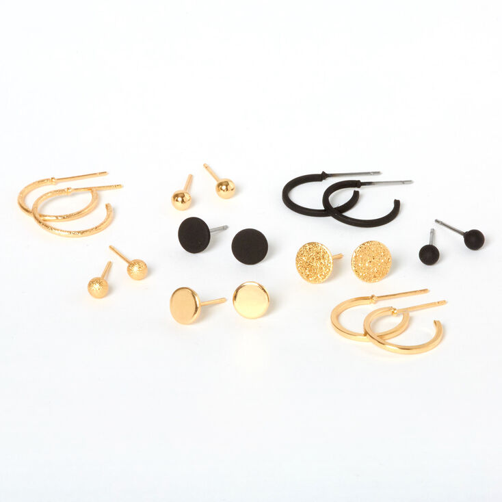 Boucles d&rsquo;oreilles vari&eacute;es disques noirs et couleur dor&eacute;e - Lot de 9,
