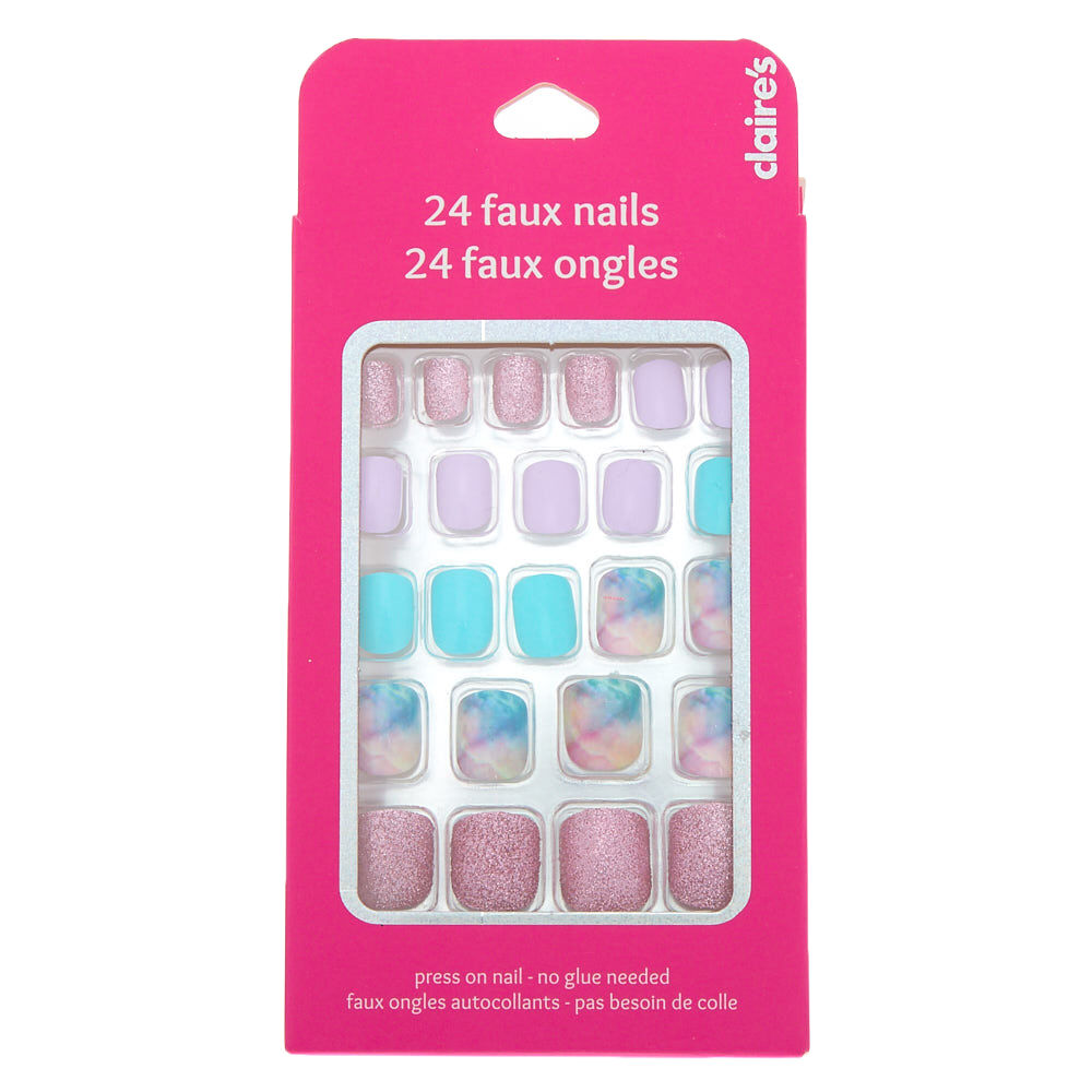 Mixed Marble and Glitter Square Press On Faux Nail Set - 24 Pack,