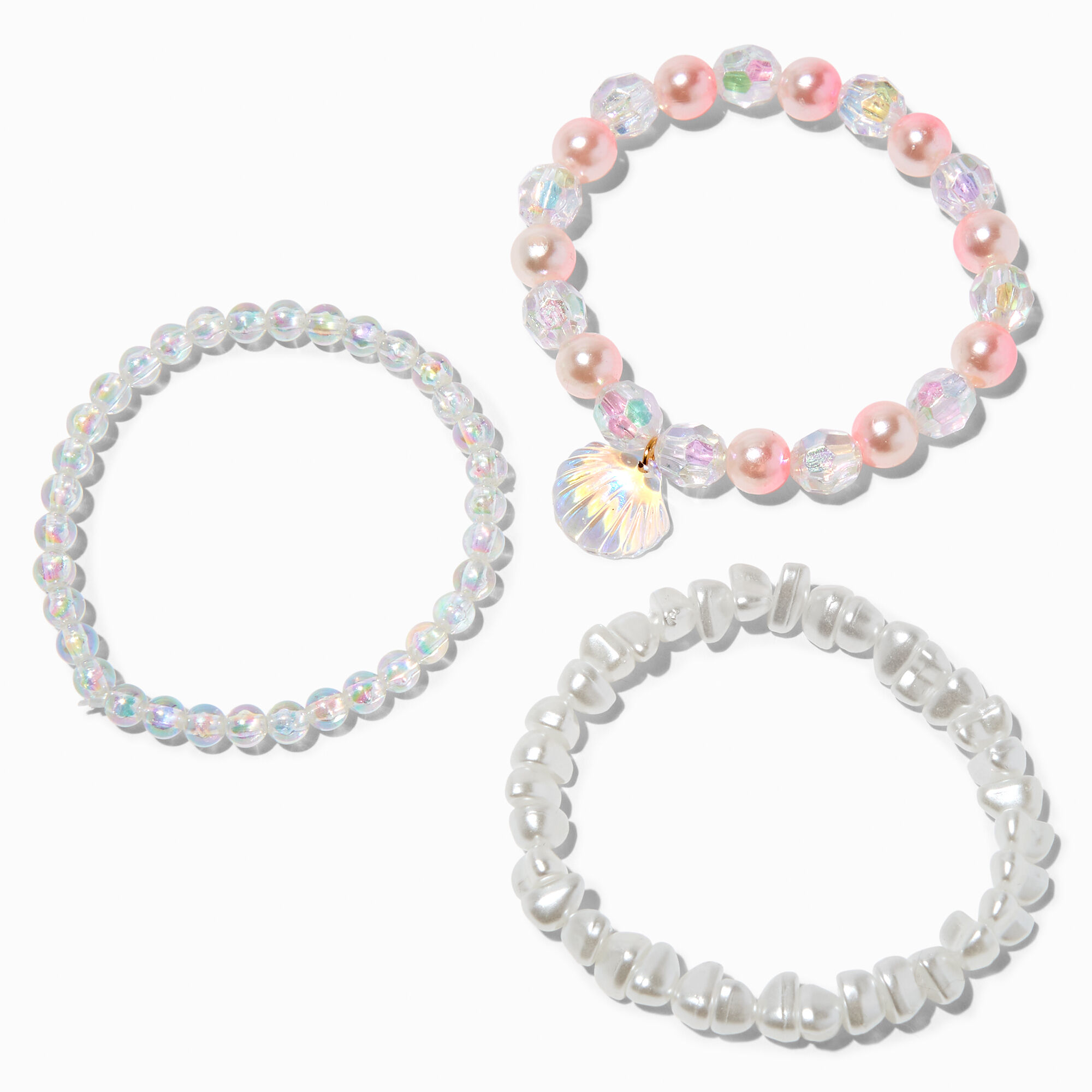 View Claires Iridescent Seashell Beaded Stretch Bracelets 3 Pack Pink information