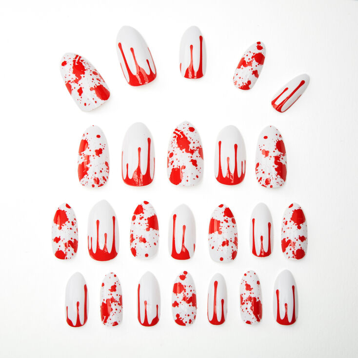 Blood Splatter Stiletto Faux Nail Set - White, 24 Pack,