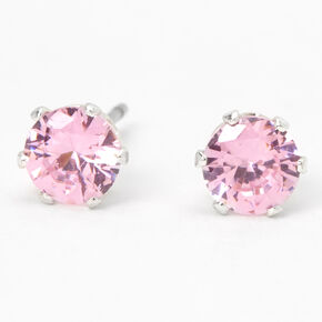 Silver Cubic Zirconia Round Stud Earrings - Pink, 5MM,