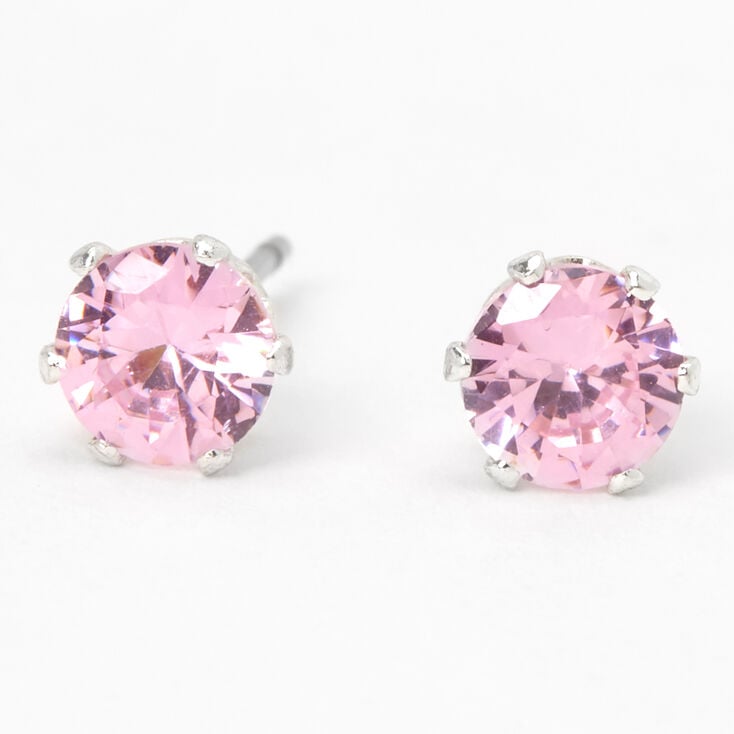 Silver Cubic Zirconia Round Stud Earrings - Pink, 5MM | Claire's US