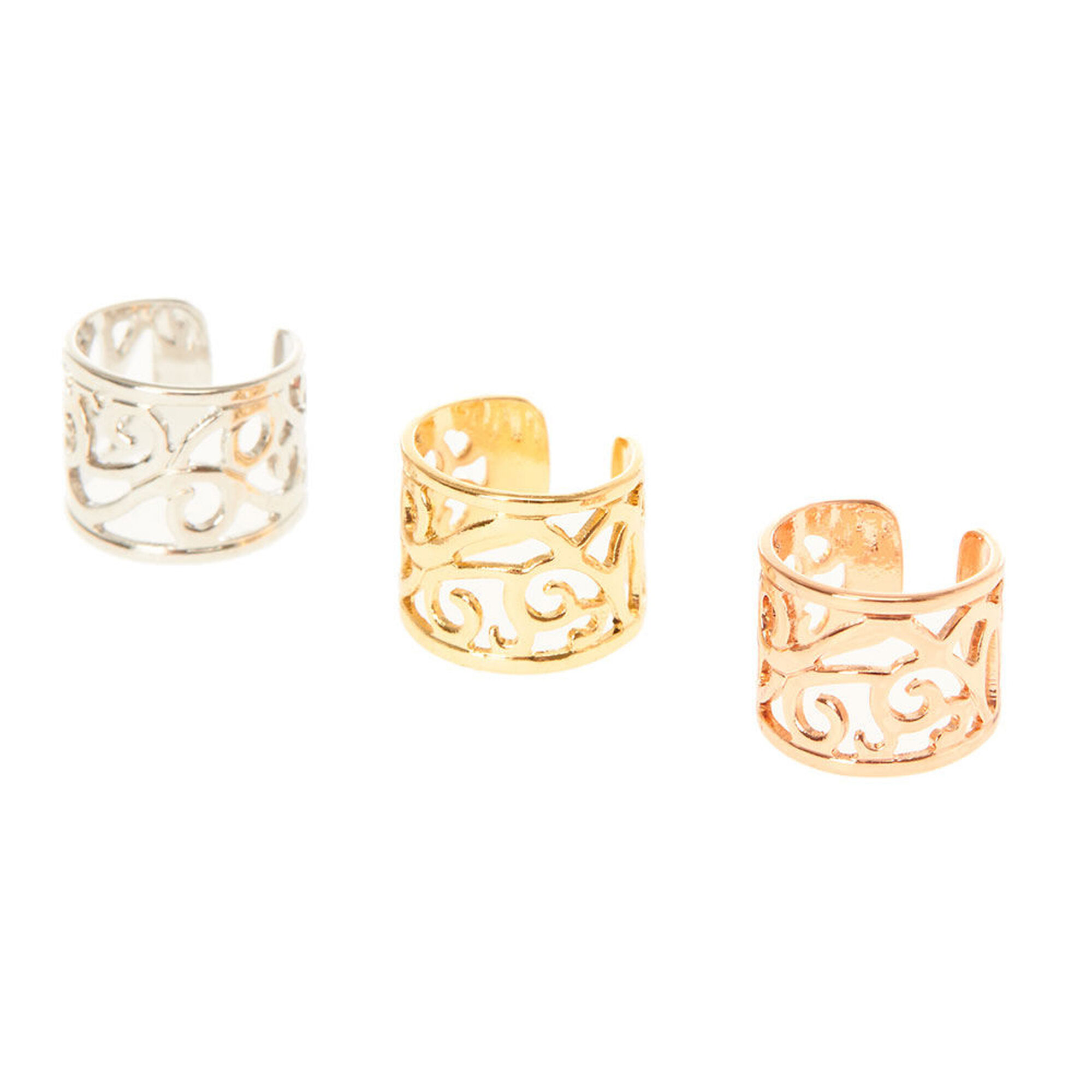 View Claires Mixed Metal Filigree Ear Cuffs 3 Pack Rose Gold information