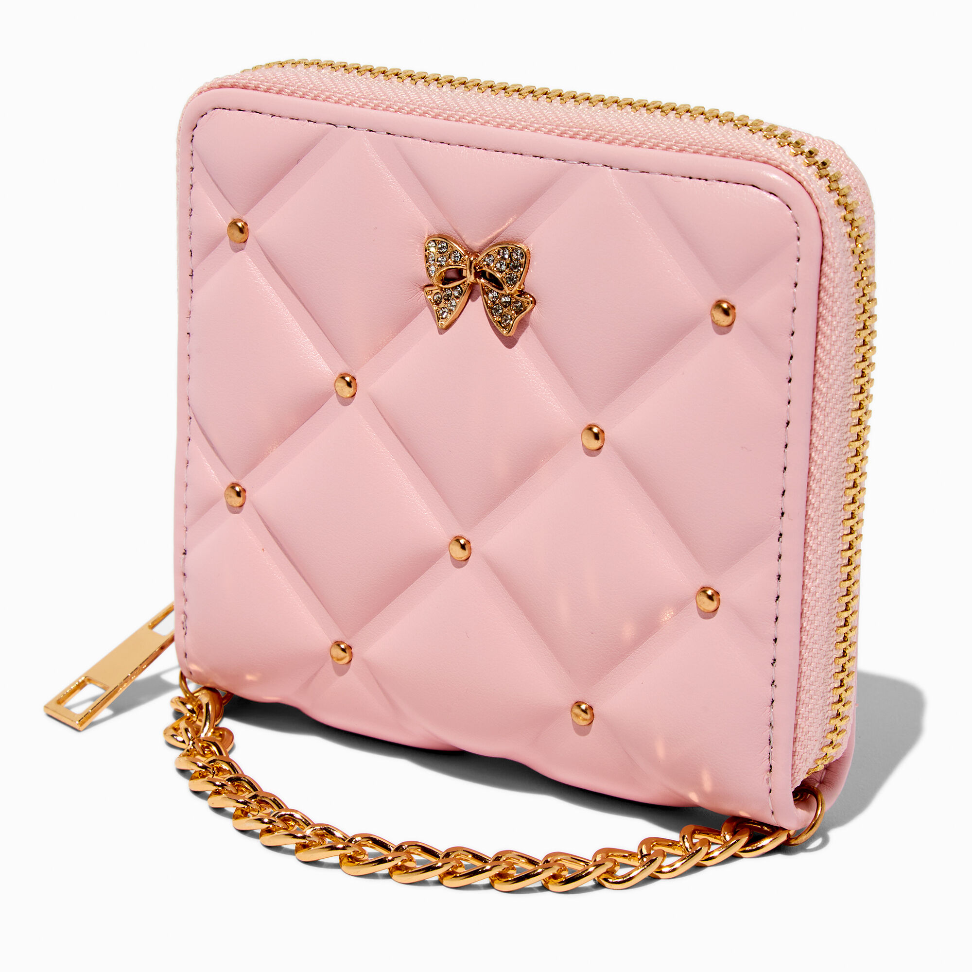 Pink Quilted Puffy Gold tone Chain Zip Around Wallet Claire s