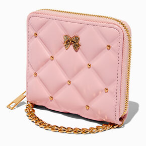 Porte-monnaie zipp&eacute; rose effet matelass&eacute; moelleux &agrave; cha&icirc;ne couleur dor&eacute;e,