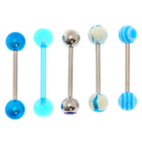 Silver-tone 14G Marble Swirl Tongue Rings - Blue, 5 Pack,