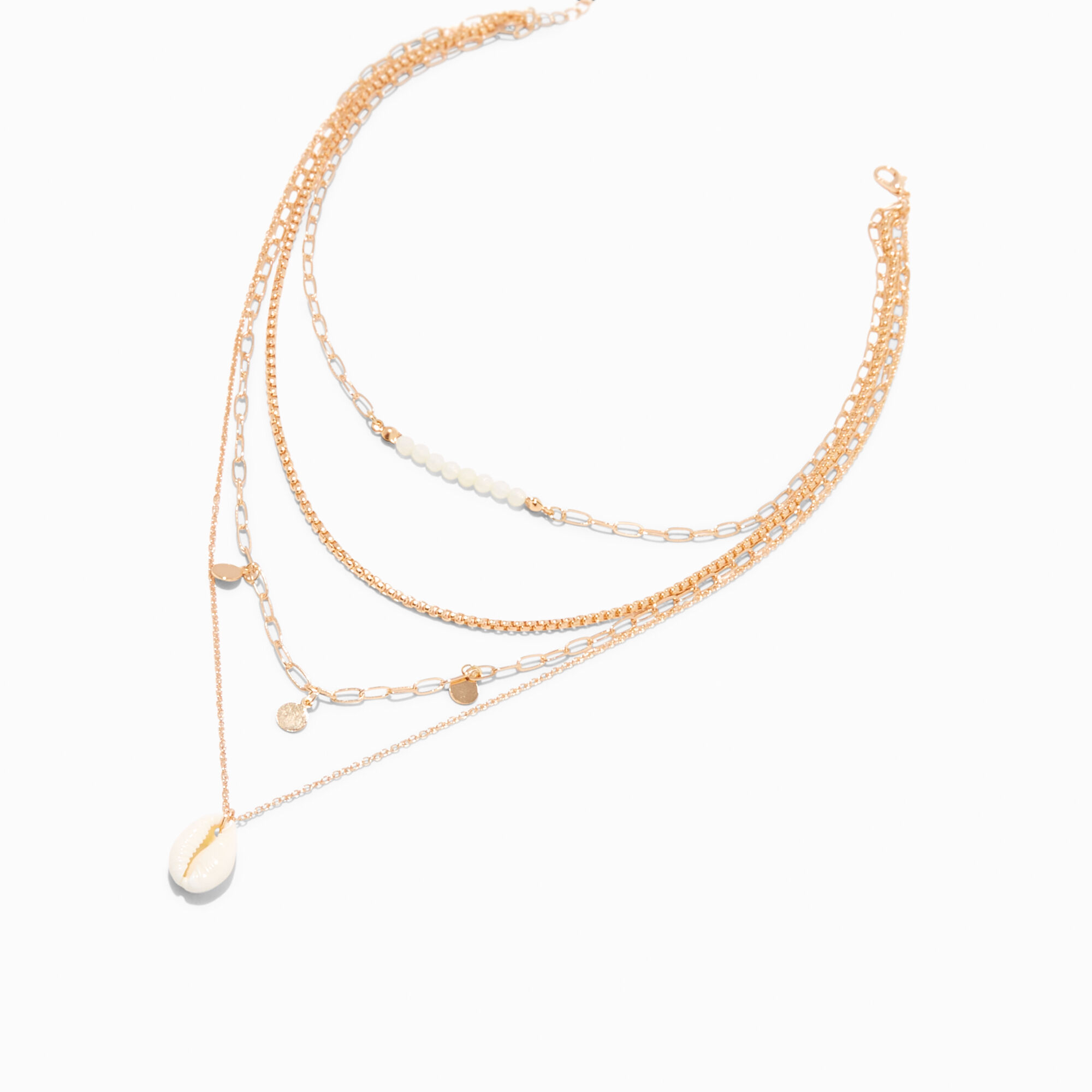 Gold Cowrie Seashell Pendant Multi-Strand Necklace,