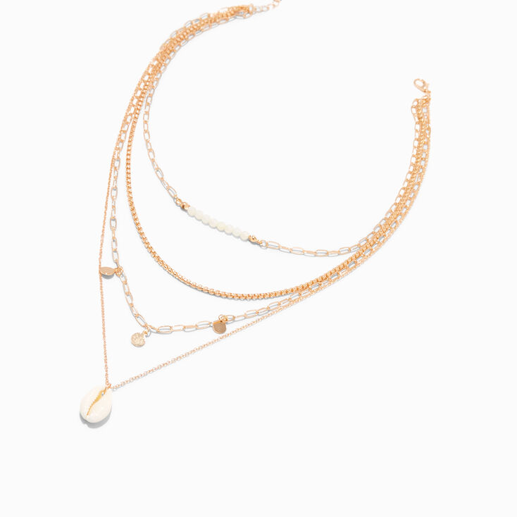 Gold Cowrie Seashell Pendant Multi-Strand Necklace,