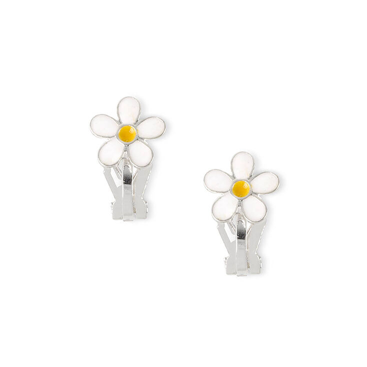 Enamel Daisy Clip On Stud Earrings,