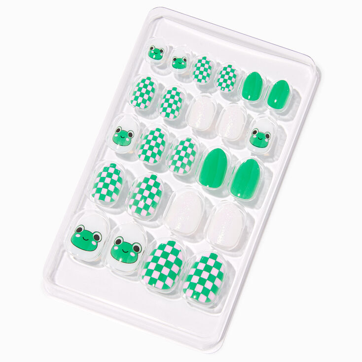 Green Frog Checkered Stiletto Press On Vegan Faux Nail Set - 24 Pack,