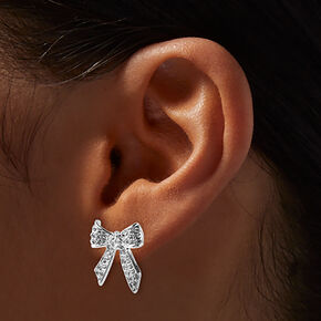 Clous d&#39;oreilles n&oelig;ud strass pav&eacute; couleur argent&eacute;e,
