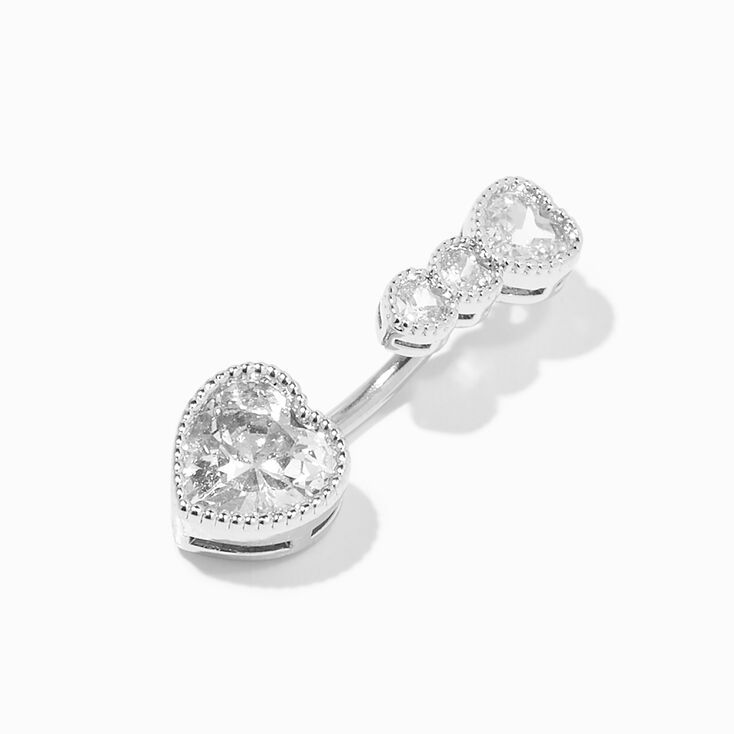 Silver-tone Stainless Steel Crystal Hearts 14G Belly Bar,