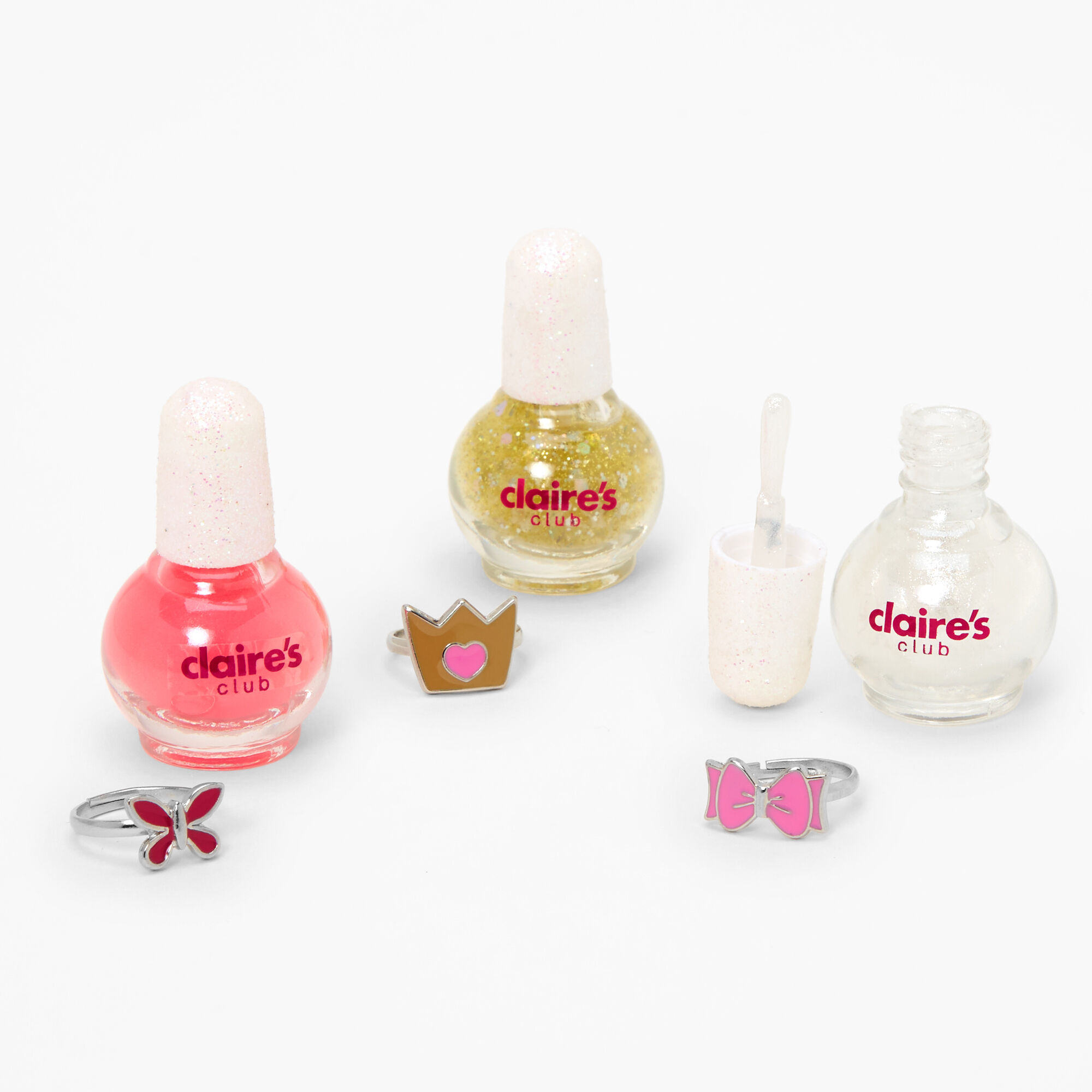 Claire's Club Princess Glitter Peel-Off Nail Polish Ring Set - 3 Pack,
