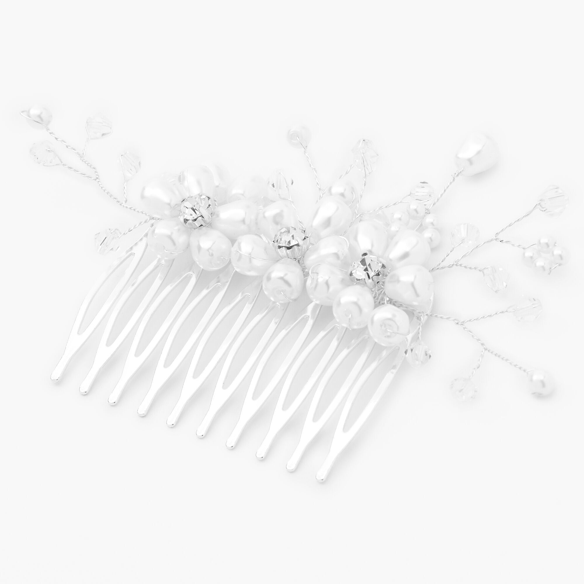 View Claires Tone Pearl Rhinestone Flower Hair Comb Silver information