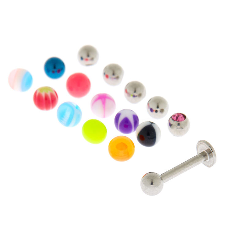 Stainless Steel 16G Labret Lip Stud With Changeable Balls - 16 Pack,