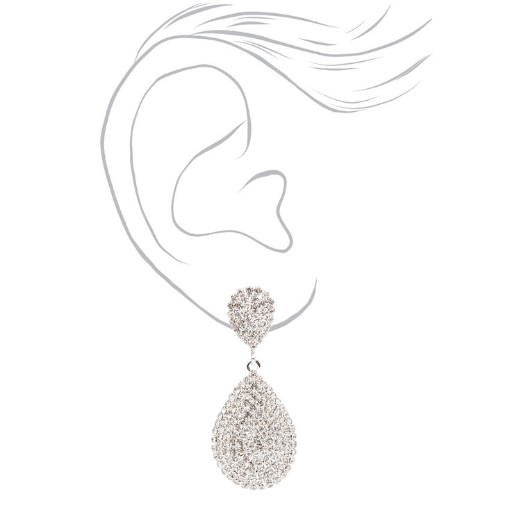 Silver 1.5&quot; Pave Teardrop Drop Earrings,