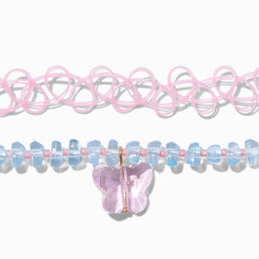 Pink Tattoo &amp; Blue Beaded Butterfly Choker Necklaces - 2 Pack,