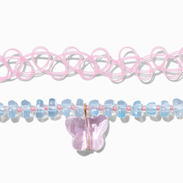 Pink Tattoo &amp; Blue Beaded Butterfly Choker Necklaces - 2 Pack,