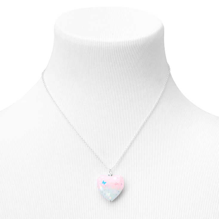 Glitter Ombre Heart Locket Necklace - Silver,