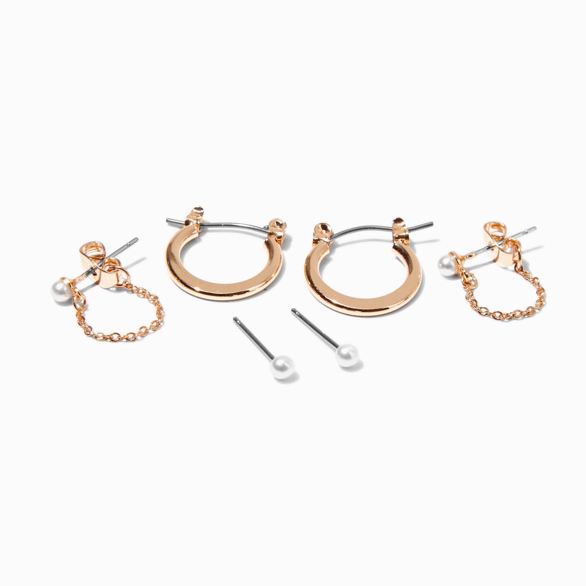Boucles d'oreilles empilables perle d'imitation et couleur dorée - Lot de 3,