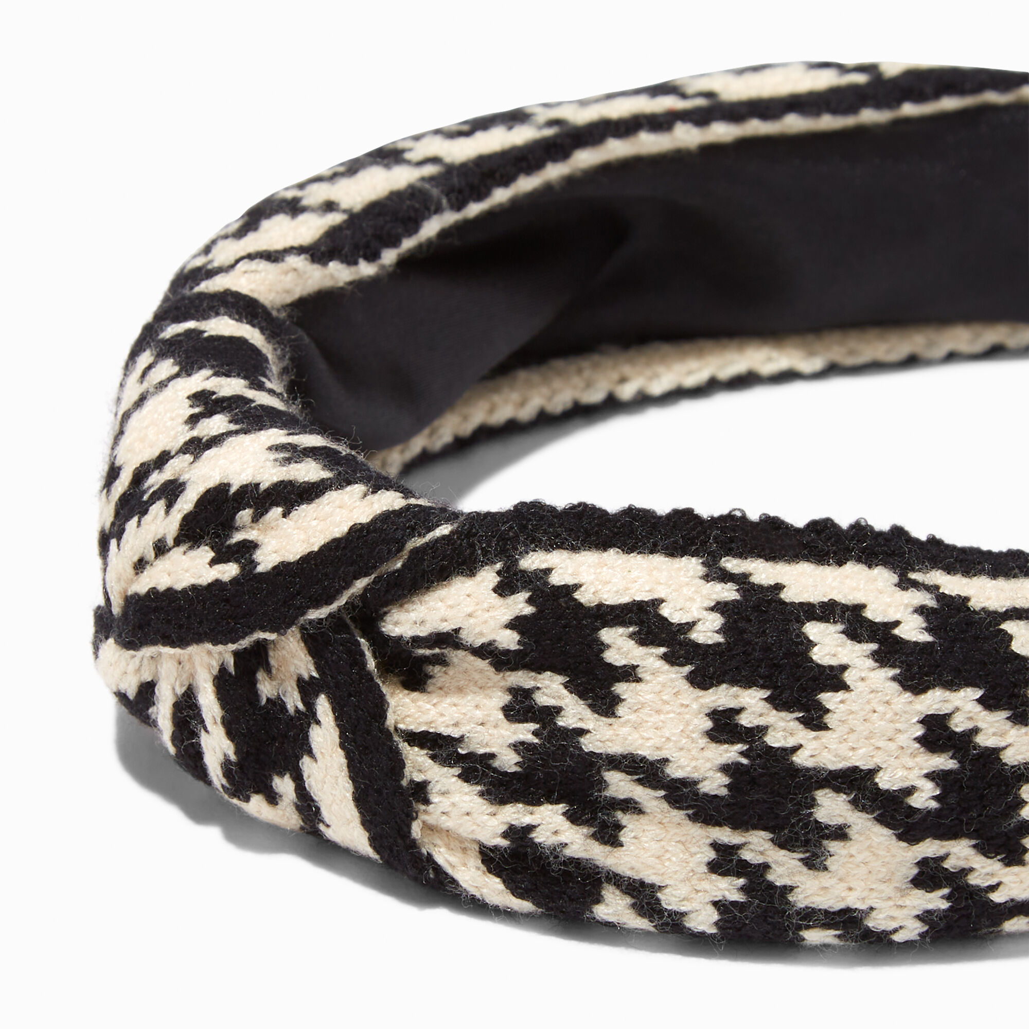 Black Knit Houndstooth Knotted Headband,