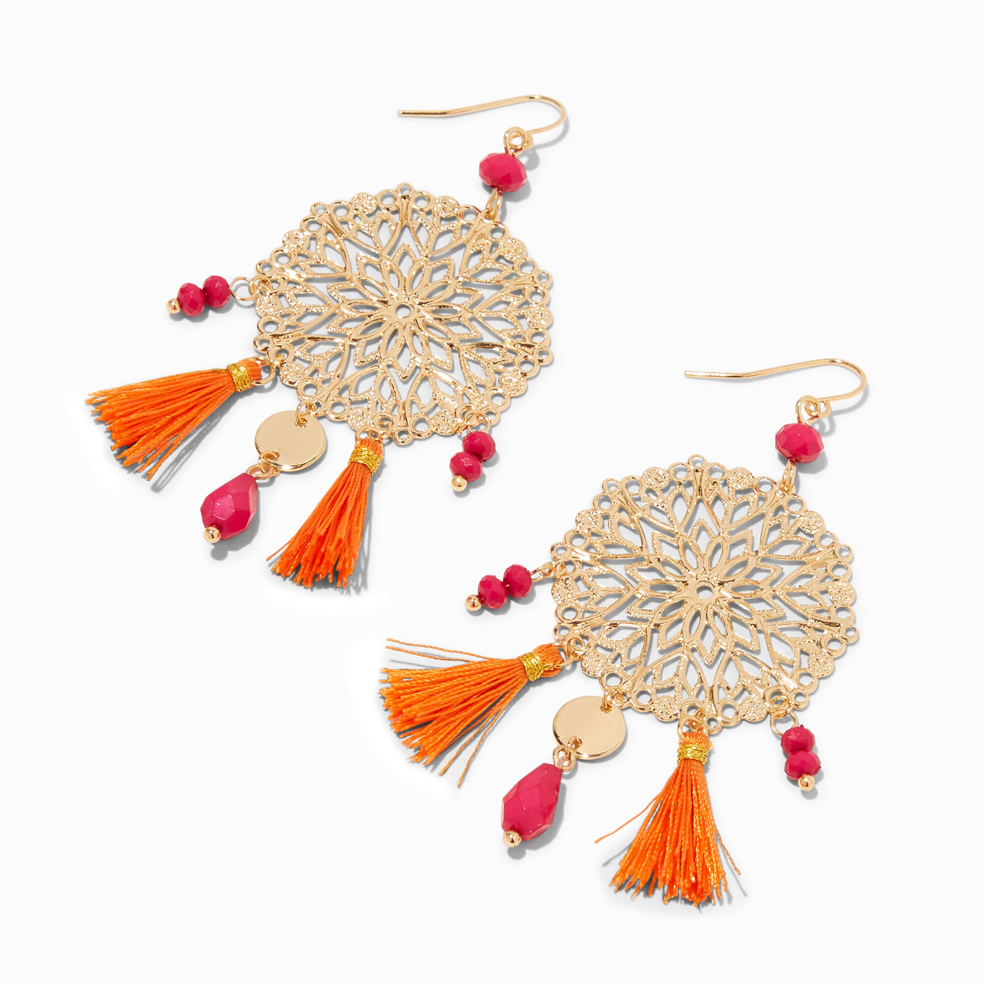 View Claires Filigree Tassel Disc 3 Drop Earrings Gold information
