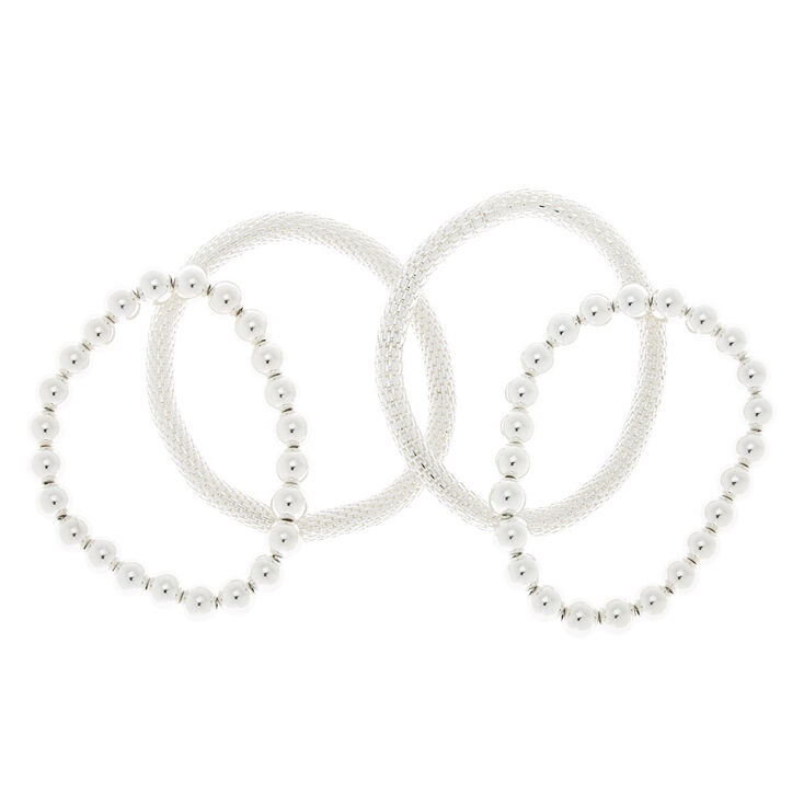 Silver Mesh Beaded Stretch Bracelets - 4 Pack,