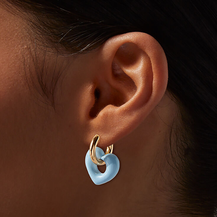 Gold-tone &amp; Light Blue Puffy Heart Hoop Earrings,