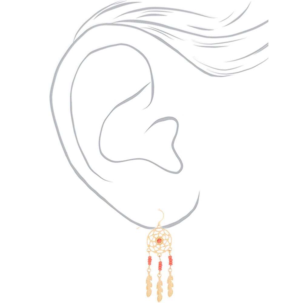 Gold 2" Beaded Dreamcatcher Drop Earrings - Coral,