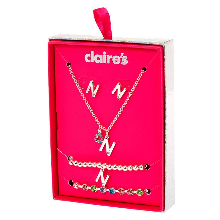Claire's Coffret cadeau parure de bijoux à initiale N arc-en-ciel couleur argenté - Lot de 4
