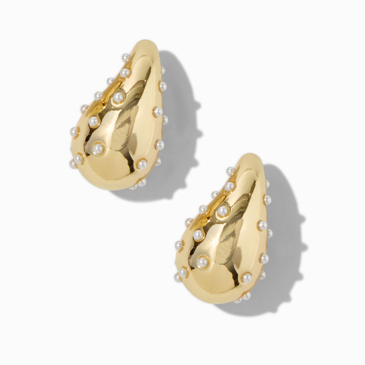 Gold-tone Pearl Dotted Long Bean 1&quot; Drop Earrings,
